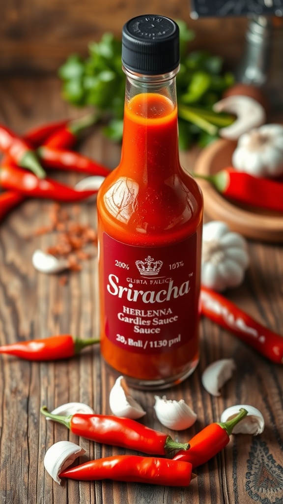 A bottle of homemade Sriracha sauce with fresh red jalapeño peppers and garlic on a wooden table.